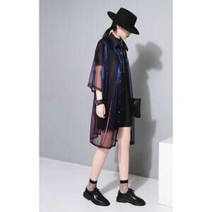 MARIGOLD SHADOWS Reece Sheer Shimmer Shirt Dress in Rose Red Blue One Size